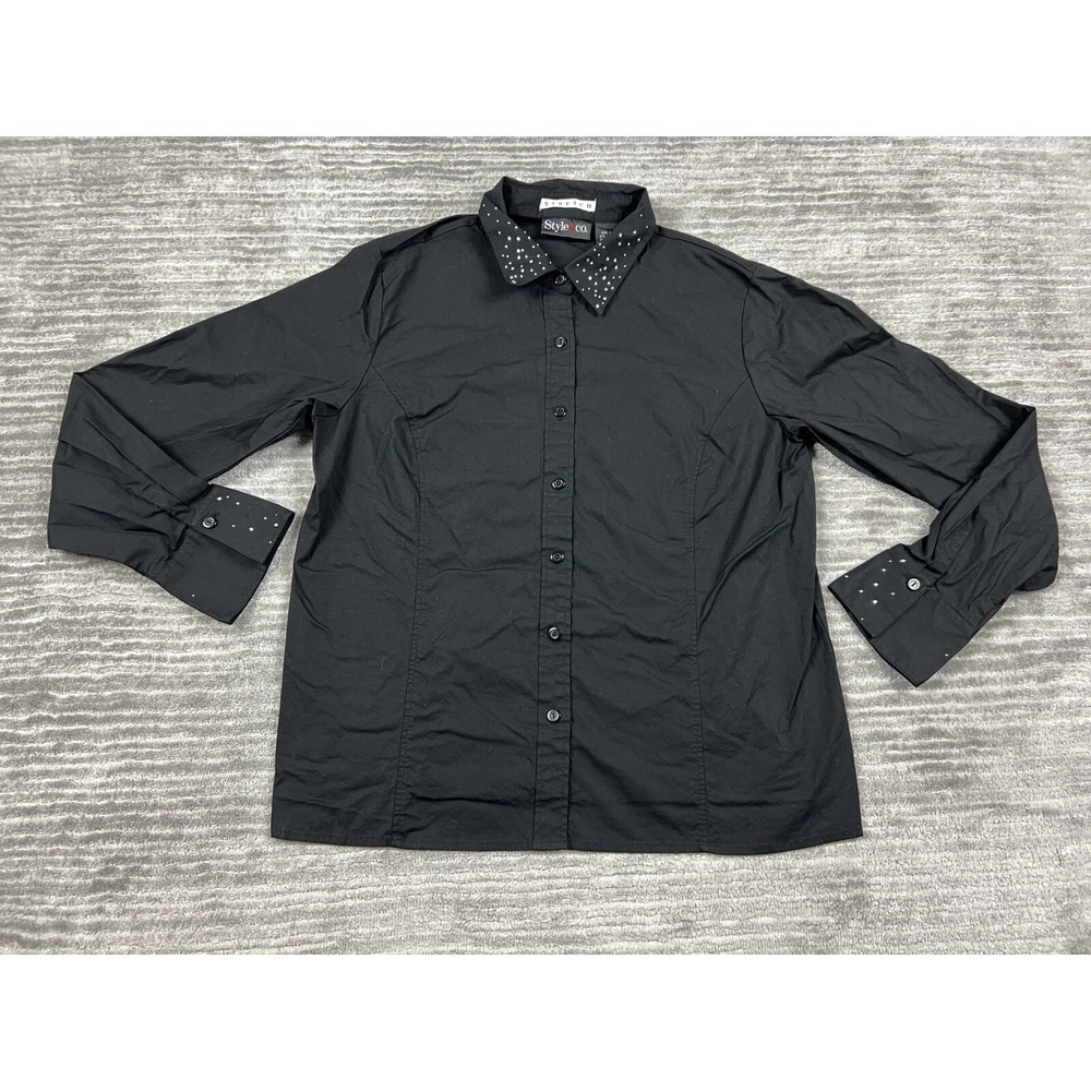 Style & Co Button Down Shirt Womens 12 Black Rhinestone Collar Cuff Stretch Top